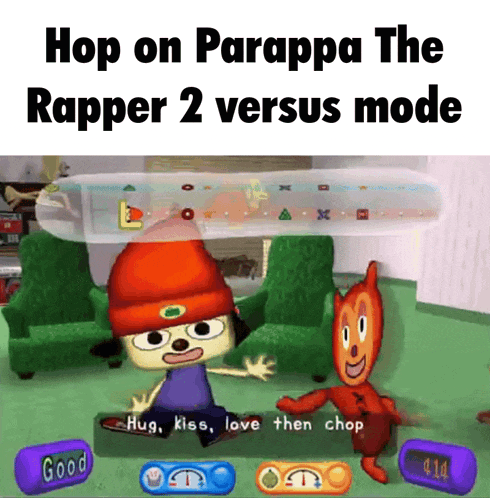 a video game that says " hop on parappa the rapper 2 versus mode "
