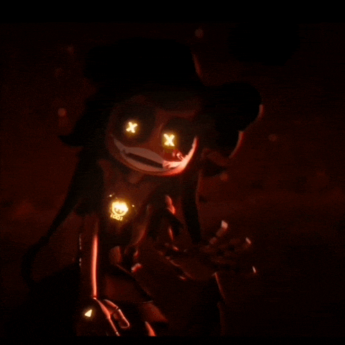 a cartoon character with glowing eyes and a pumpkin on his chest