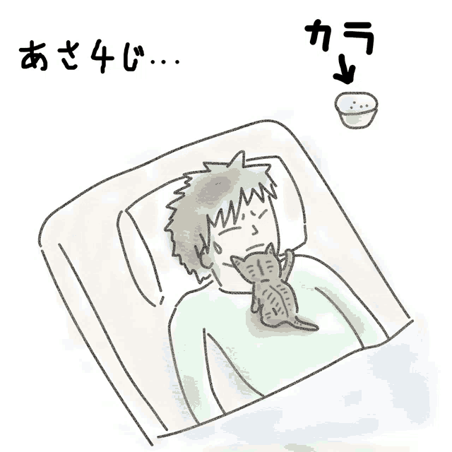 a drawing of a man laying in bed with a cat on his chest with chinese writing below him