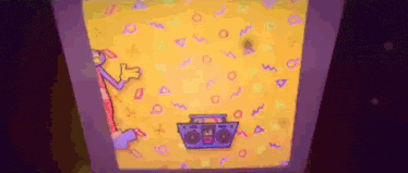 a cartoon of a man giving a thumbs up next to a boombox on a yellow background