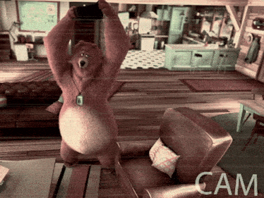 a teddy bear is standing in a living room with the word cam on the bottom