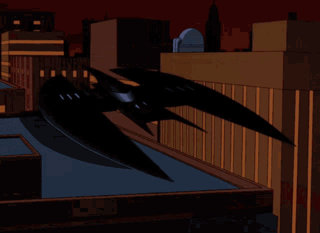 a cartoon of a bat flying over a city at night