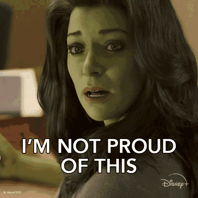 a woman with green paint on her face has the words i 'm not proud of this written below her
