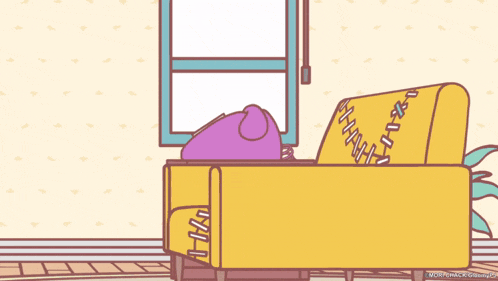 a teddy bear is sitting on a yellow couch looking out a window