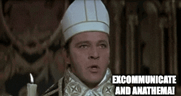 a man in a white hat is holding a candle and says `` excommunicate and anathema '' .