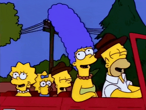 a cartoon of homer simpson driving a red car with his family