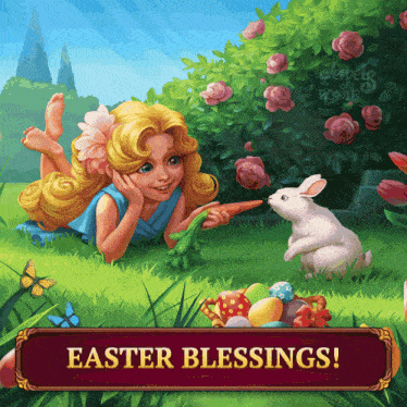 a girl laying in the grass holding a carrot next to a rabbit with the words " easter blessings " below her