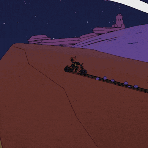 a cartoon drawing of a person riding a robot on top of a purple hill