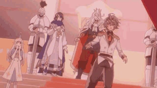 a group of anime characters are standing on a red carpet