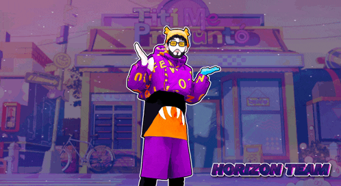 a man in a purple outfit is standing in front of a store that says titi me pronto