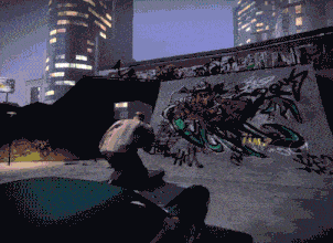 a pixelated image of a person riding a skateboard on a ramp with graffiti on it