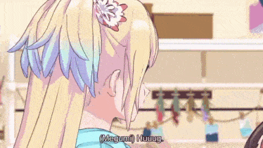 a girl with blonde hair and a flower in her hair is talking to another girl in a video game .