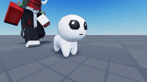 a cartoon character with horns is standing next to a small white character with black eyes .