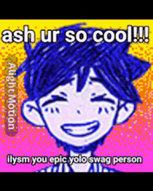 a cartoon of a boy with blue hair is smiling and says ash ur so cool !
