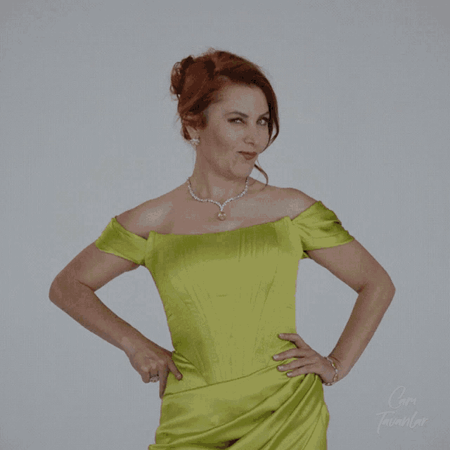 a woman in a green dress stands with her hands on her hips in front of a sign that says " cam tavanlar "