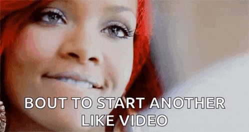 a close up of a woman 's face with the words `` bout to start another like video '' written below her .