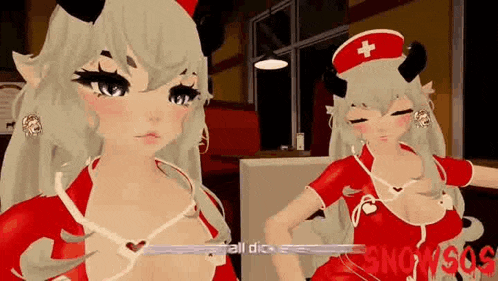 two anime girls are standing next to each other in a restaurant . one of the girls is wearing a nurse outfit .