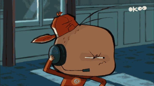a cartoon character wearing headphones and a hat with the number 8 on it