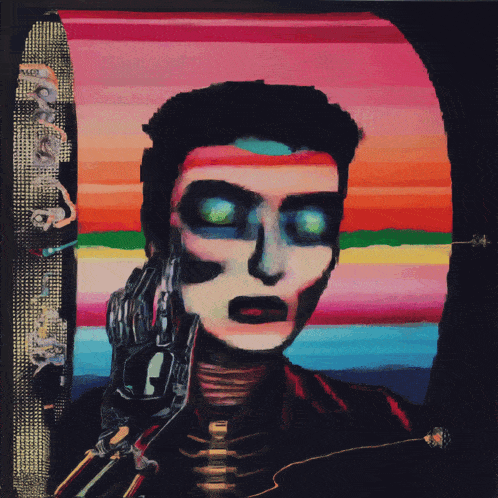 a colorful painting of a man with a robotic arm