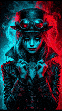 a painting of a woman with a top hat and goggles on