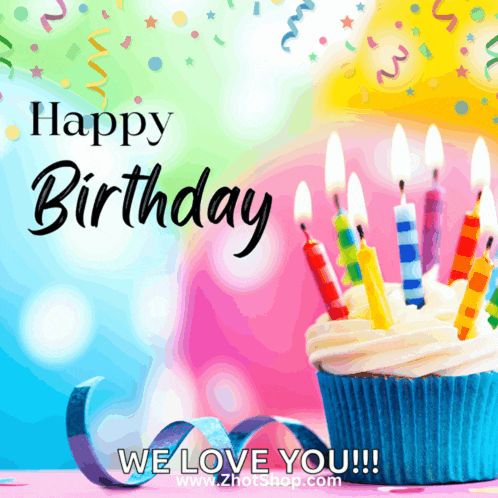 a happy birthday card with a cupcake with candles