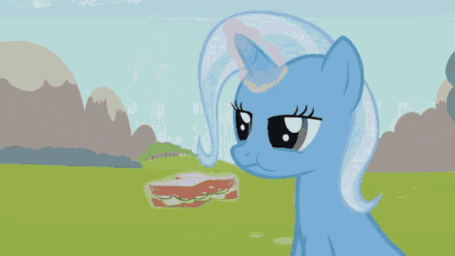a cartoon of a pony with a sandwich behind it