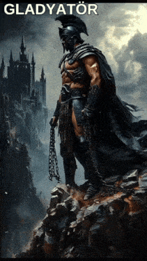 a poster of a gladiator holding a chain with the word gladyator above him