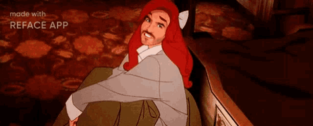 a man with red hair and a beard is sitting on a couch made with reface app .