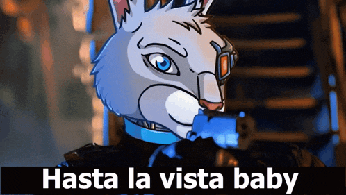 a cartoon character with a gun and the words hasta la vista baby below him