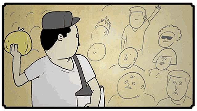a cartoon drawing of a man holding a pumpkin in front of a crowd of people