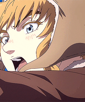 a close up of a cartoon character with a hood