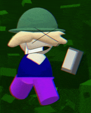 a cartoon character wearing a green hat and holding a book