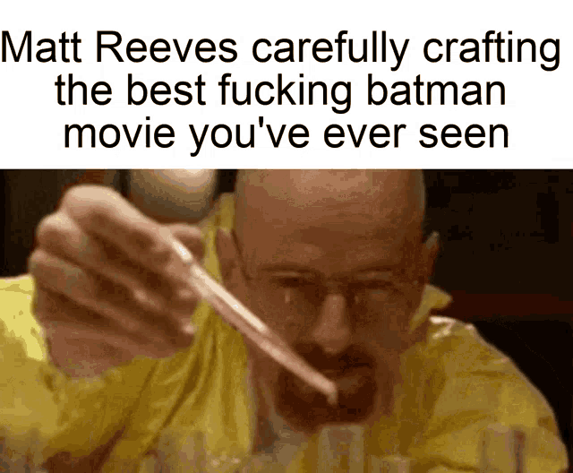 a man in a yellow jacket is holding a pipette in his hand and says matt reeves carefully crafting
