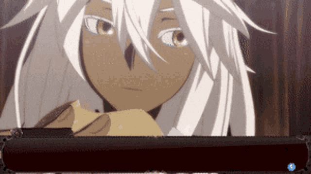 a screenshot of a video game with a white haired character