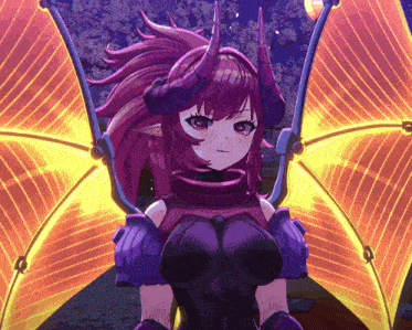 a girl with horns and wings is wearing a purple outfit
