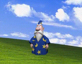 a cartoon character with a beard and a blue robe with yellow stars