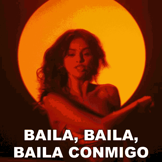 a poster of a woman dancing with the words baila baila baila conmigo