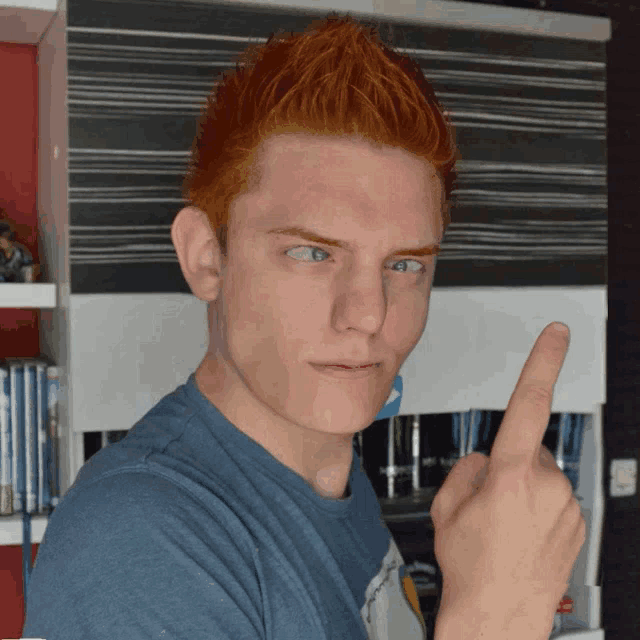 a man with red hair is giving the middle finger to the camera