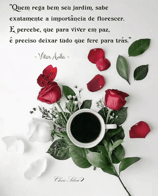 a cup of coffee is surrounded by flowers and leaves with a quote by vitor auda