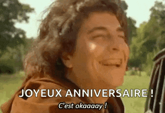a woman is laughing and saying joyeux anniversaire ! c'est okaaay ! in french .