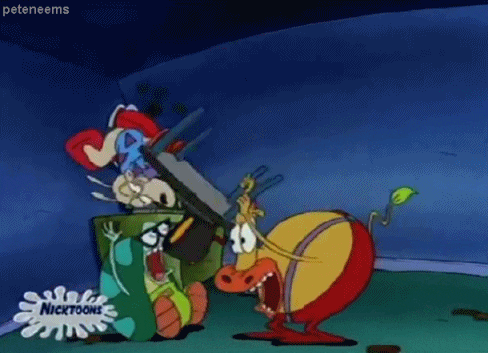 a cartoon character from nickelodeon is standing next to a trash can