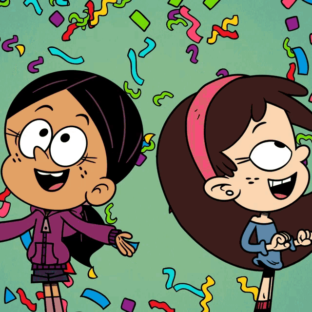 two cartoon girls are standing next to each other with confetti flying around them