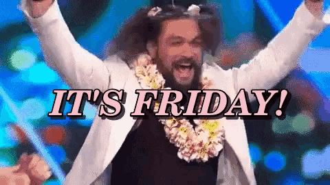 a man wearing a lei and a white jacket says it 's friday ..