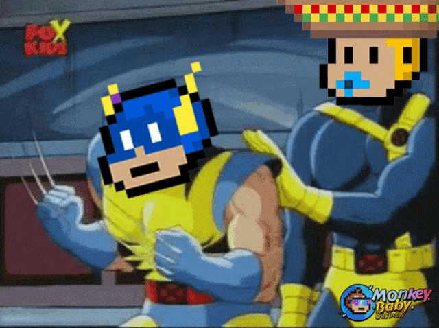 a pixelated cartoon of wolverine and a monkey baby