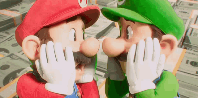 mario and luigi are covering their faces with their hands while standing in front of a pile of money .