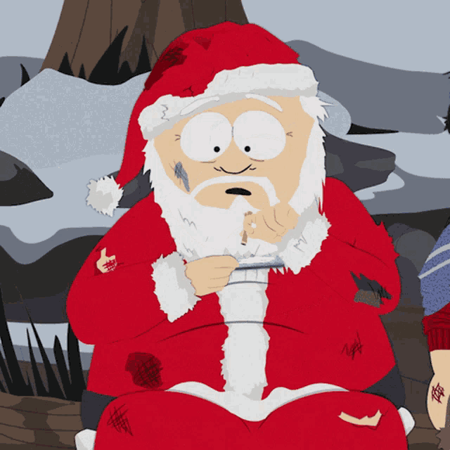 a cartoon character in a santa suit is holding a piece of paper