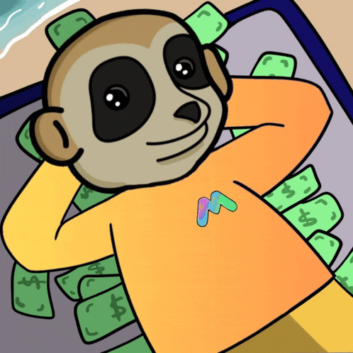 a cartoon of a monkey laying on a pile of dollar bills