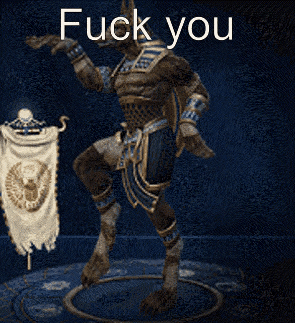 a statue of a pharaoh with the words fuck you above it