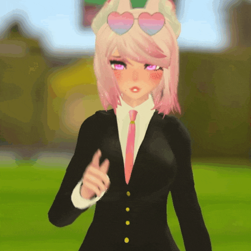 a girl with pink hair and purple eyes wearing a suit and tie