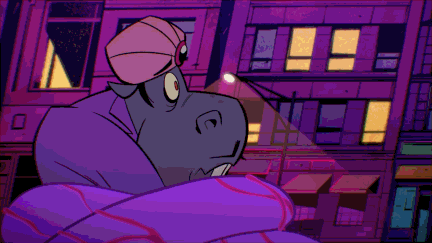 a cartoon of a rhino wearing a purple hat